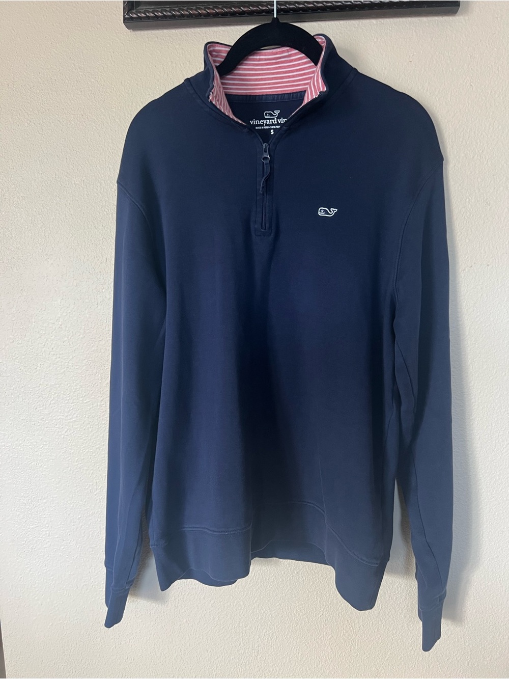 Vineyard Vines Navy Quarter-Zip with Pink-Striped Collar